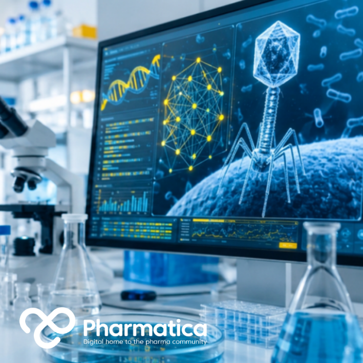Pharmatica image of AI-designed bacteriophage research in a biotech laboratory showing genome analysis, AI genome design, and phage development.