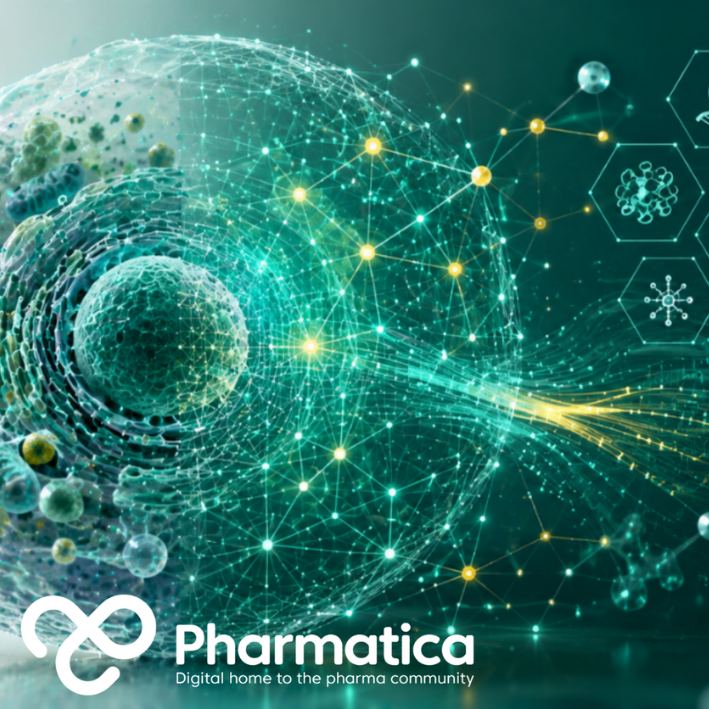 Pharmatica image of an AI-driven digital organism concept showing a realistic human cell connected to computational data pathways for virtual biology and drug discovery.