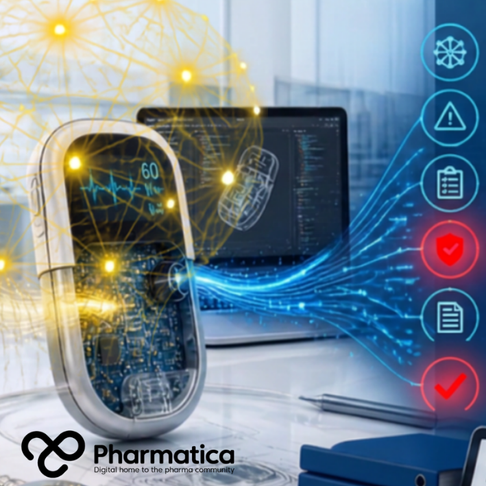 Pharmatica image of regulated AI connecting medical device software development, validation, traceability, and regulatory compliance.