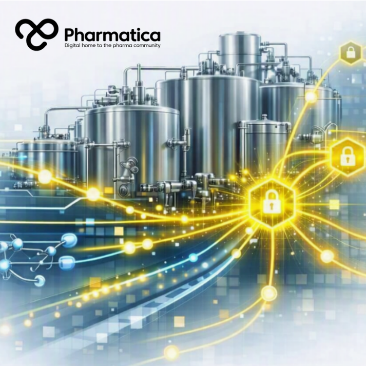 Pharmatica image of a realistic pharmaceutical manufacturing environment featuring interconnected stainless‑steel bioreactors and tanks linked by glowing yellow blockchain data pathways and hexagonal nodes with padlock icons, symbolising secure data integrity, traceability, and AI‑driven innovation in pharma manufacturing.