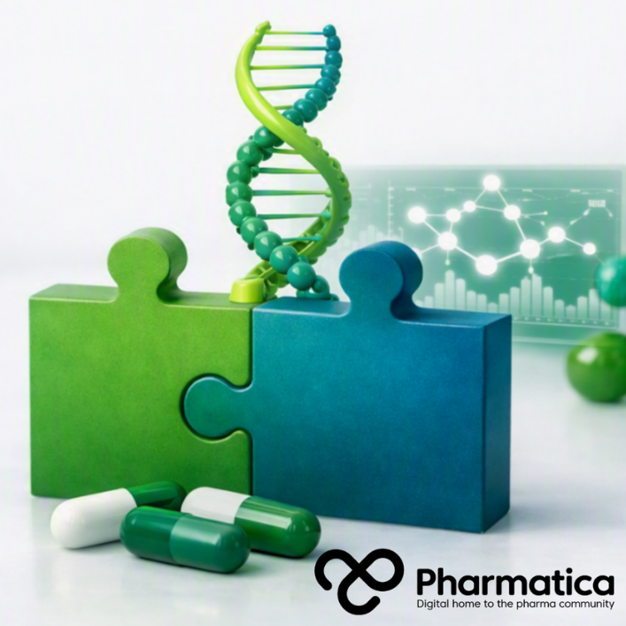 Pharmatica realistic representation of collaboration in drug discovery showing interlocking green and blue puzzle pieces with a DNA helix emerging from their center, capsules in front, a glowing molecular data screen behind, and a 3D molecular model to the right on a bright white background.