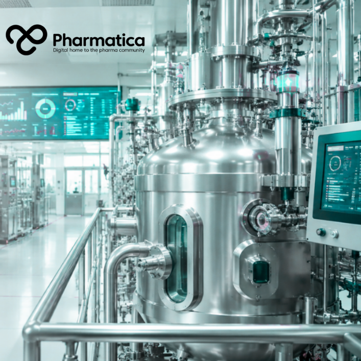 Pharmatica photorealistic image of a modern pharmaceutical manufacturing facility with stainless steel production equipment and digital quality monitoring systems supporting continuous improvement. 