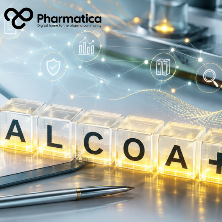 Pharmatica image representing ALCOA+ data integrity principles for pharmaceutical manufacturing and life sciences documentation, shown with glowing data connections.