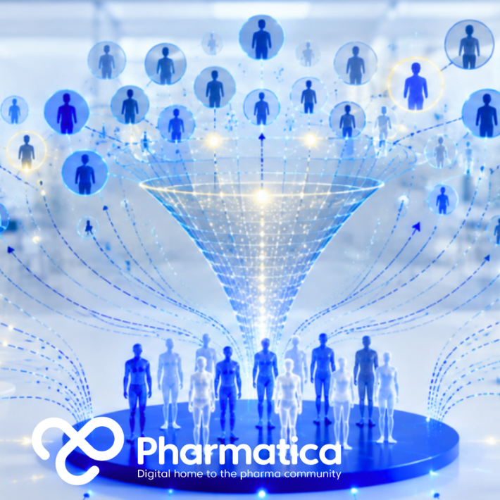 Pharmatica image representing enriched clinical trial design showing selected patient cohorts, clinical research data, and connected trial pathways.