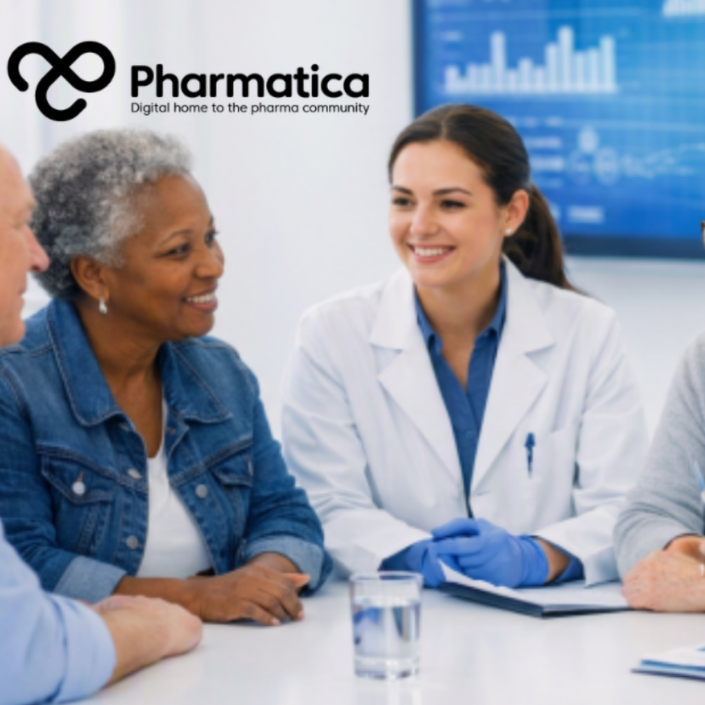 Pharmatica image representing public and patient involvement in clinical trials. Shows a diverse group of clinical trial participants and researchers engaged in collaborative discussion around a bright white table in a modern research environment. A female doctor in a white lab coat leads the conversation, surrounded by older and younger participants of different ethnic backgrounds. Digital screens in the background display molecular structures and clinical data in blue tones, symbolising transparency.