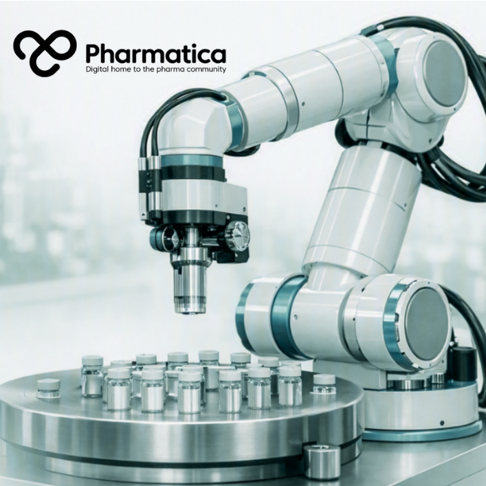 Pharmatica image for robotics in pharmaceutical manufacturing showing automated GMP equipment, sensors, and connected manufacturing data in a clean production environment.