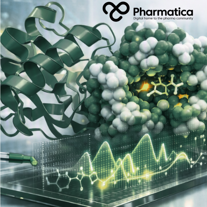 Pharmatica image for q-CAR drug discovery showing dynamic protein conformations, ligand binding, and AI-driven molecular analysis.