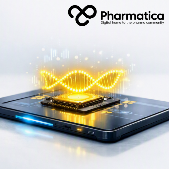 Realistic Pharmatica image of an RNA biosensor device with glowing yellow RNA helix on microchip, symbolising advanced molecular diagnostics, AI‑powered diabetes monitoring, and precision digital healthcare.