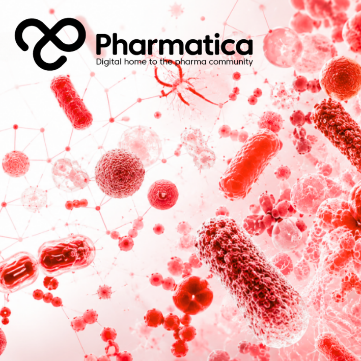 Pharmatica image of abstract red microbial imagery on a soft white background, representing microbiome-based medicinal product UK regulation.