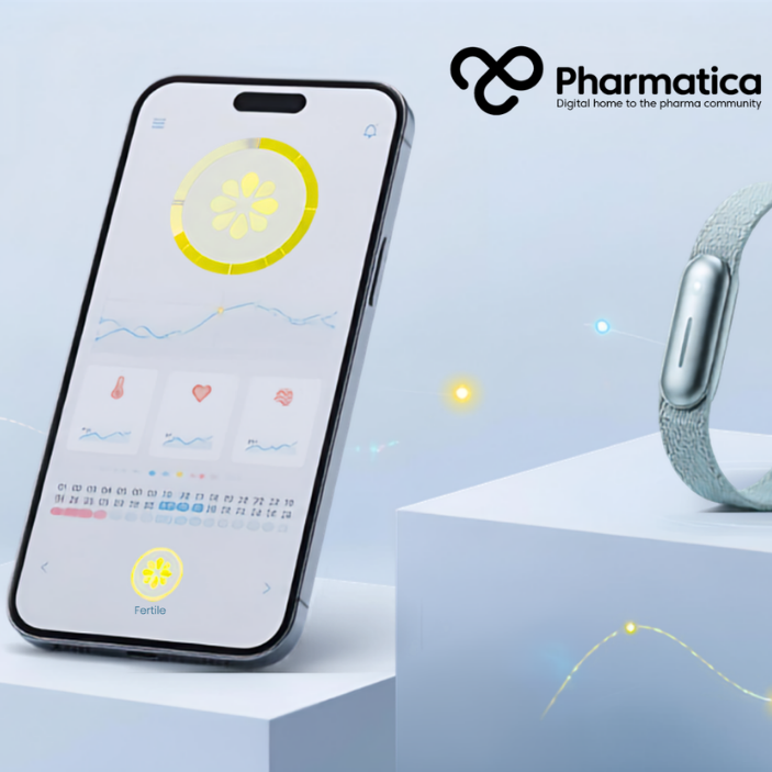 Pharmatica image that represents a WHOOP wearable and Natural Cycles smartphone app, illustrating wearable health data, women's health monitoring, and digital health technology.
