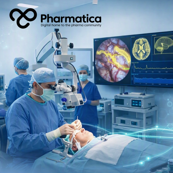 Pharmatica photo‑realistic image of an operating theatre showing surgeons performing AI‑assisted brain surgery under bright ambient light, with monitors displaying glowing yellow neural pathways and blue data overlays, representing real‑time computer vision guidance and surgical precision.