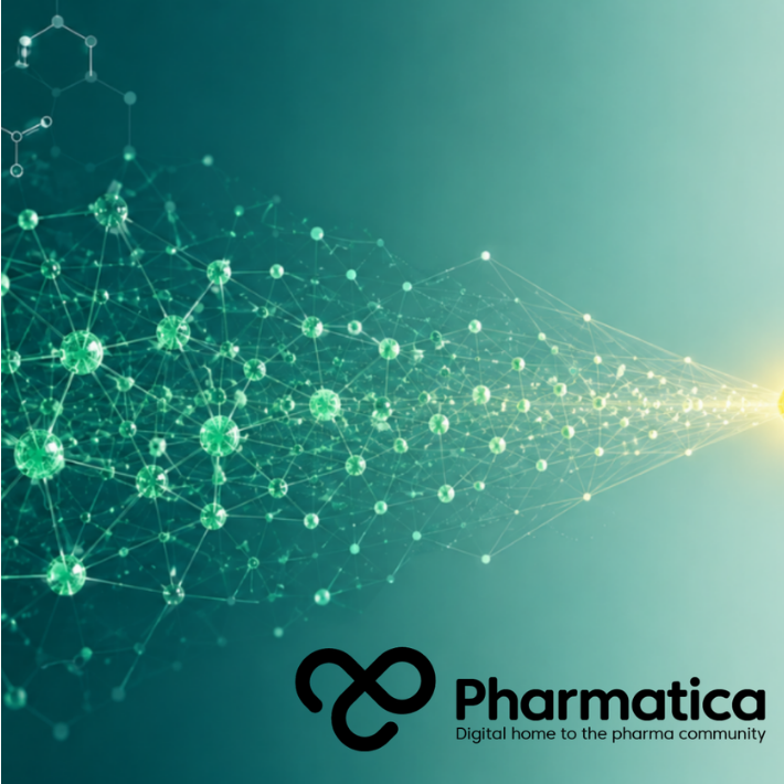 Pharmatica image showing dense green data nodes that converge on one illuminated point, symbolising AI in drug discovery.