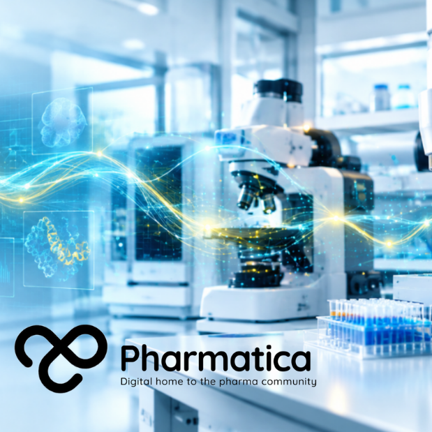 Pharmatica image of an AI-directed biology research environment connecting computational intelligence with a physical laboratory.