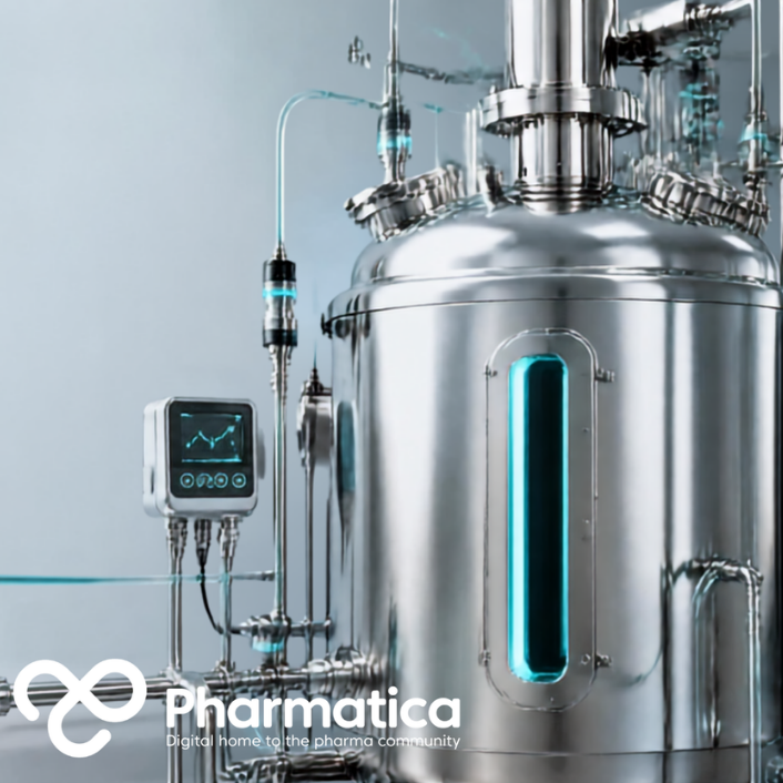 Pharmatica image of a pharmaceutical bioprocessing facility with stainless-steel bioreactors, process sensors, and connected digital manufacturing systems.