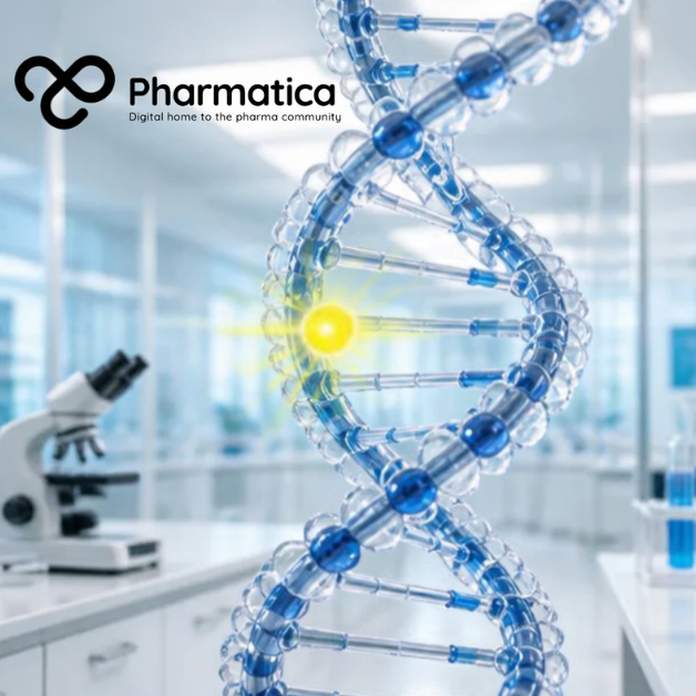 Pharmatica image showing a glowing yellow AI light tracing a blue DNA double helix through bacteriophage viruses, representing Claude&rsquo;s search for a CRISPR-like enzyme system.