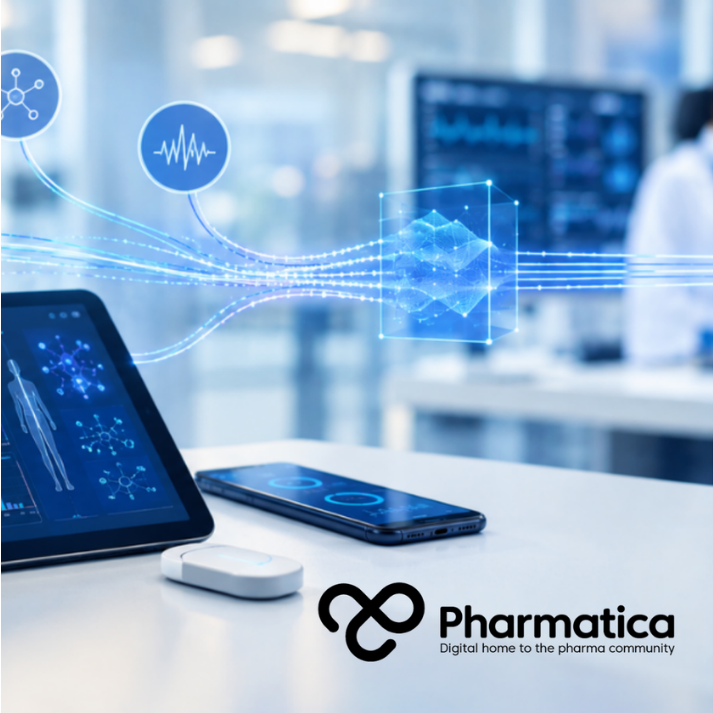 Pharmatica image of digital health technologies collecting clinical trial data for drug development.