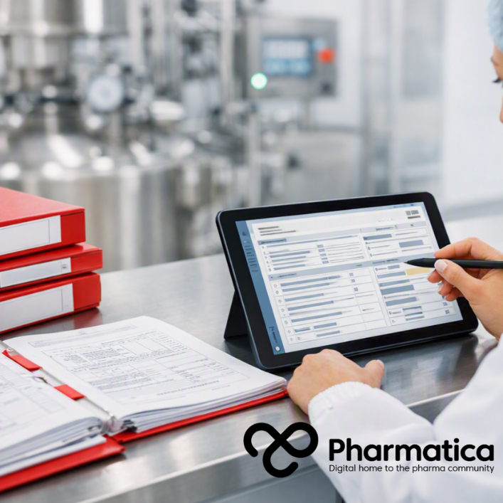 Pharmatica image of a quality professional reviewing AI-assisted CGMP documentation in a pharmaceutical manufacturing environment.