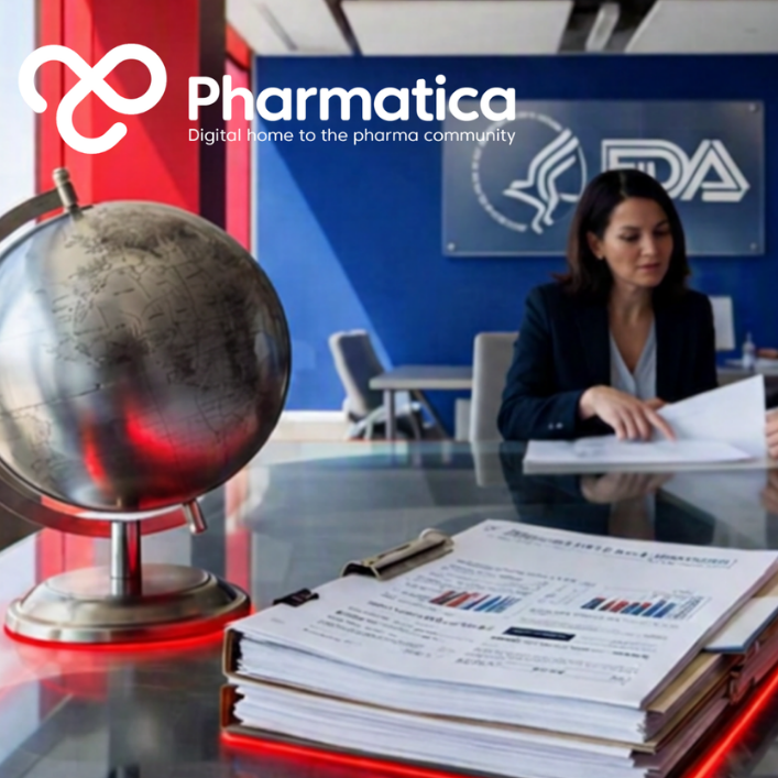 Pharmatica photo‑realistic representation of an FDA office interior showing two professionals reviewing clinical trial documents at a glass table with a metallic globe, vivid red window panels, and a frosted glass FDA logo on the blue wall, symbolising global clinical development, regulatory oversight, and data integrity.