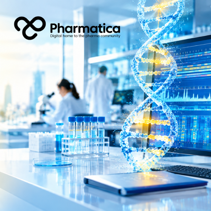 Pharmatica image representing the AlphaGenome Atlas genomic AI map with single-nucleotide variant prediction across the human genome.