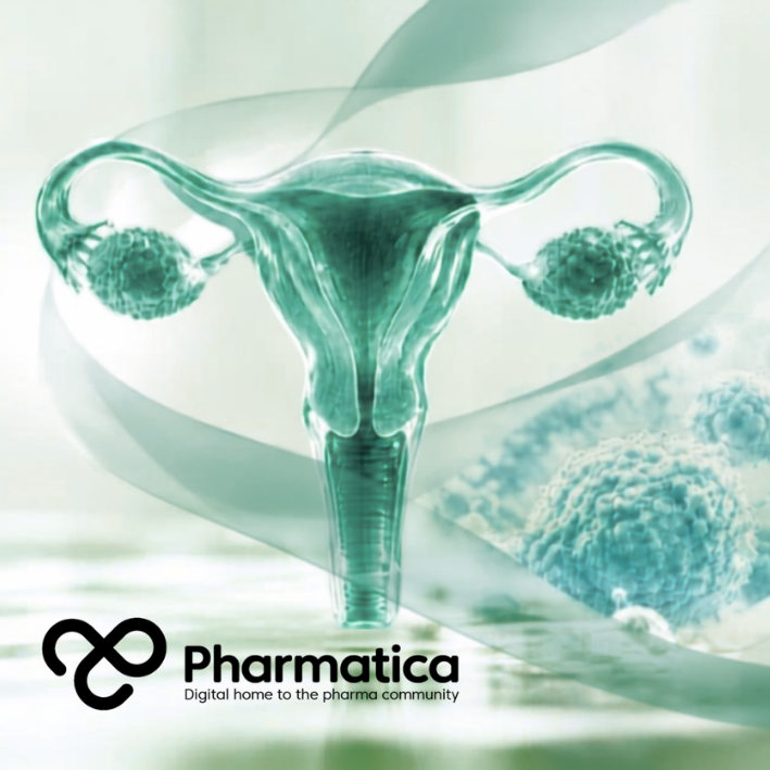 Pharmatica image of a medical laboratory background featuring a 3D medical illustration of the female reproductive system with glowing ovaries and uterus, representing gynaecological cancer pharma research.
