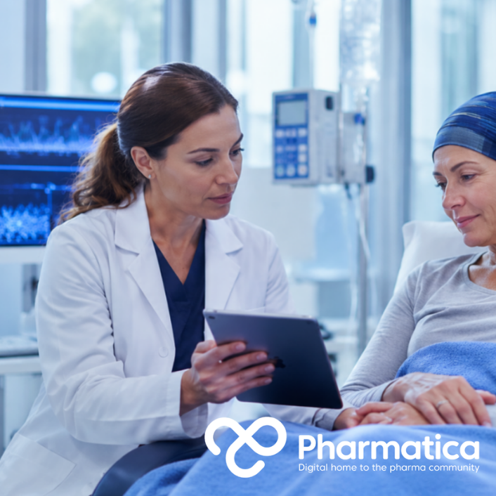 Pharmatica photo‑realistic editorial image of a healthcare professional discussing clinical data with a patient in a modern hospital setting, symbolising compassionate care and digital innovation in gynaecological oncology trials and clinical development.