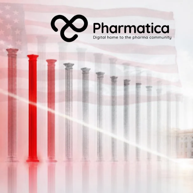Pharmatica image of a receding row of pale columns with one highlighted in vivid red, symbolising scrutiny at the new FDA Commissioner&rsquo;s confirmation hearing.