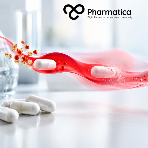 Pharmatica image of a bright pharmaceutical laboratory bench with glass vials and a soft red ribbon, representing ICH M12 drug interaction studies and the EMA gastrointestinal guideline.