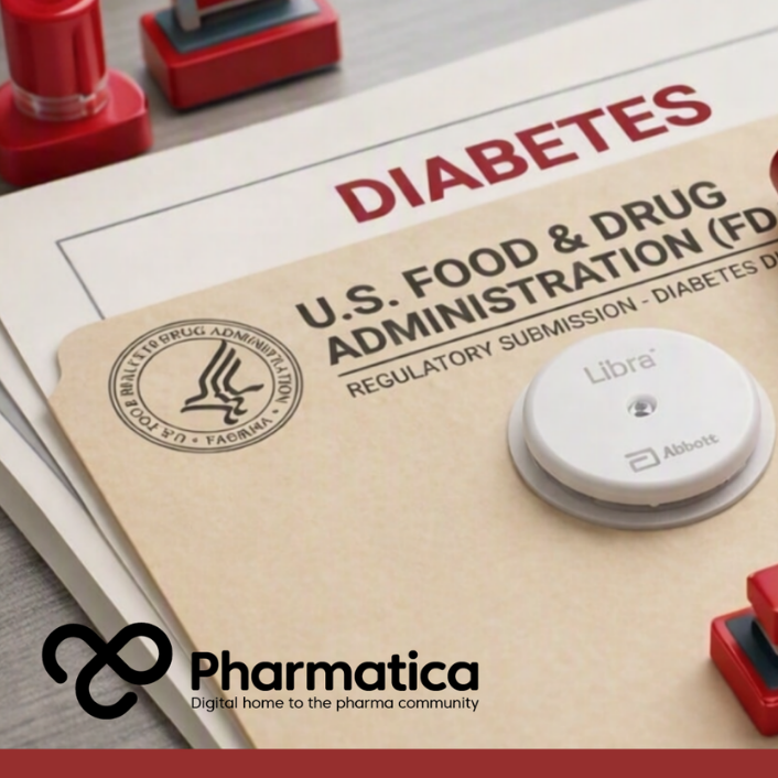 Pharmatica editorial close‑up of FDA regulatory submission materials for diabetes devices, featuring a Libre glucose sensor, red insulin pen, and red office stamps and pens on a beige folder labeled, &lsquo;U.S. Food & Drug Administration (FDA) &ndash; Regulatory Submission Diabetes Division,&rsquo; representing medical‑device approval and diabetes‑management technology.