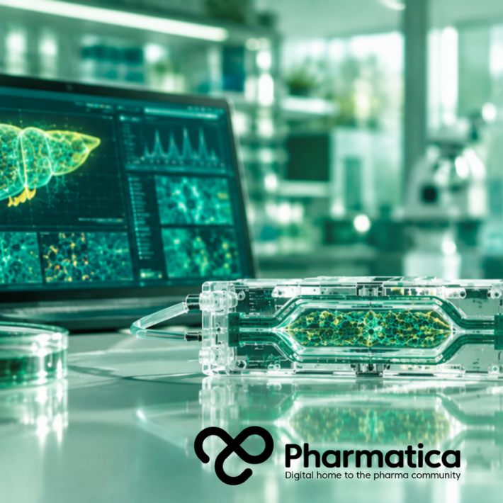 Pharmatica image of a human liver-chip platform used for liver-chip drug discovery and preclinical drug toxicity assessment in a pharmaceutical laboratory.