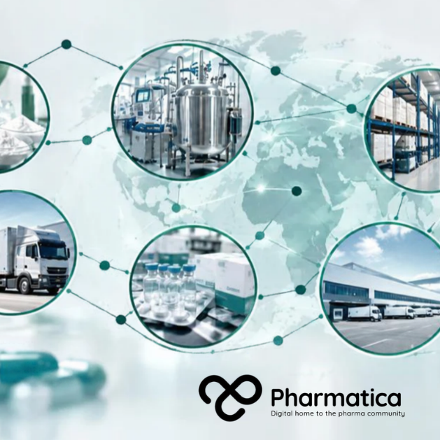 Pharmatica image showing a connected pharmaceutical manufacturing and supply chain network linking production, inventory, distribution, and medicine supply.