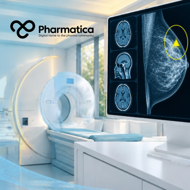 Pharmatica image of a bright radiology suite lit by natural light, with a soft blue imaging display and a glowing yellow highlight representing AI innovation in breast cancer screening.