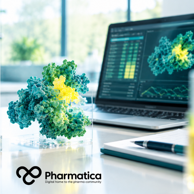 Pharmatica image of laboratory workstation where digital molecular data is reviewed on a screen in a bright pharmaceutical laboratory, representing AI drug discovery.