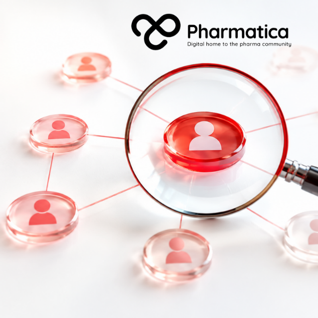 Pharmatica image showing a magnifying lens inspecting a connected pharmacovigilance vendor network beside regulatory documents, with vivid red accents.