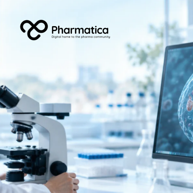 Pharmatica image of a scientist viewing glowing cell imaging data on a screen in a bright laboratory with blue tones and a yellow AI highlight.