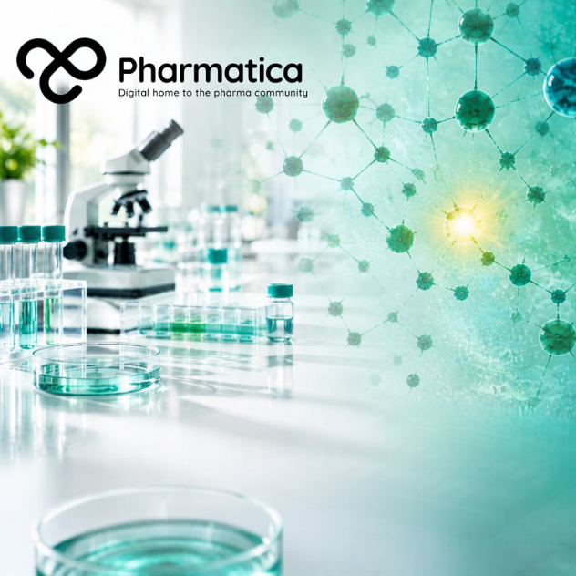 Pharmatica image showing a bright laboratory with a green molecular network and glowing AI node.