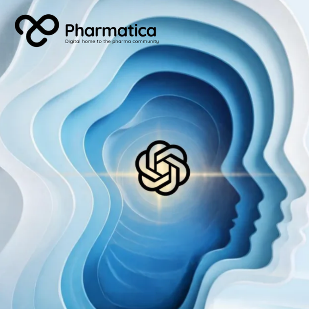 Pharmatica visual featuring a silhouette head in blue layers with a prominent yellow OpenAI logo inside the cranial space, representing OpenAI’s MentalHealthBench.