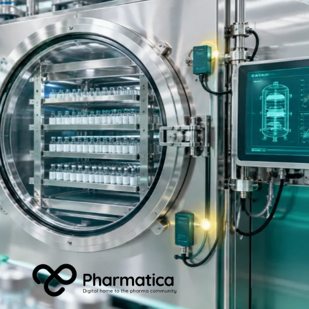 Pharmatica image of pharmaceutical freeze-drying technology showing a modern lyophilisation system with controlled process monitoring and digital manufacturing elements.