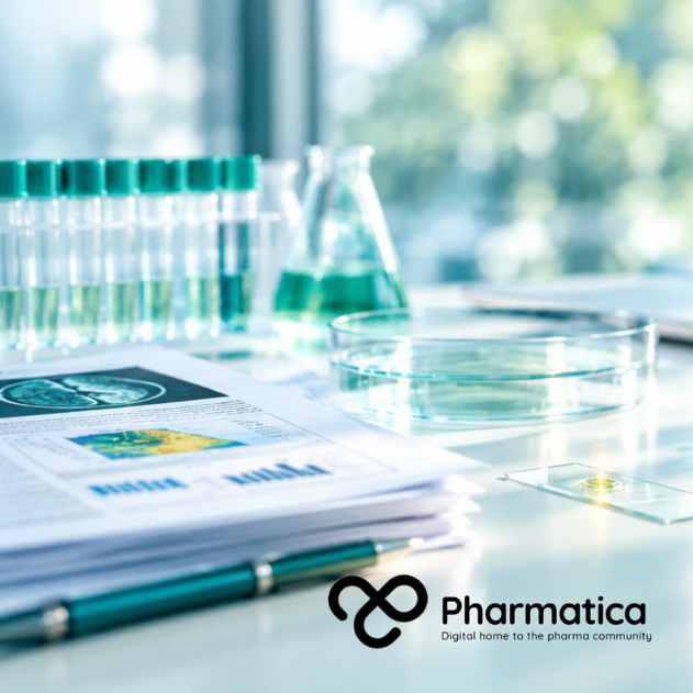 Pharmatica image of scientific papers, a glass slide, and laboratory glassware on a bright research desk, representing evidence review for Parkinson’s drug target prioritisation.
