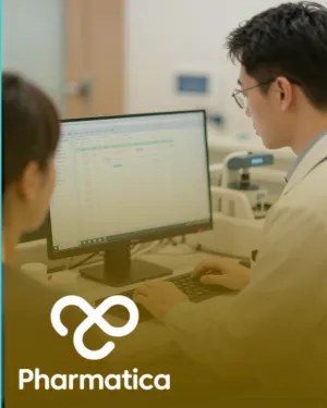 Medical researchers utilizing AI software to analyze data on clinical biomarkers biological age mapping at a computer workstation.