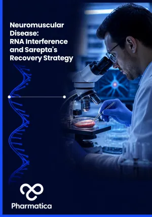Scientist conducting neuromuscular disease research illustrating RNA interference therapeutics and Sarepta's Phase III recovery strategy for rare neuromuscular disorders.