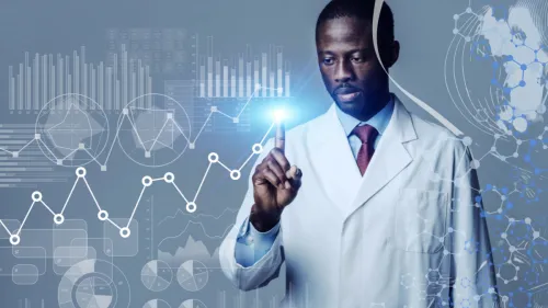 Healthcare AI investment illustration featuring a clinician analysing digital health data, predictive analytics, and AI-powered healthcare insights. The image symboliwes investment in healthcare artificial intelligence, biotech innovation, machine learning applications, digital transformation, and data-driven decision-making across the healthcare industry.