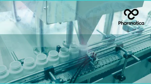 Conveyor belt with medicine bottles in a continuous pharmaceutical manufacturing facility.