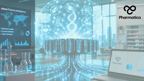 A very modern laboratory containing a central server terminal emitting a large, glowing blue data sphere. The sphere displays a DNA helix and various medical icons. The image features "Global Pharma Intelligence" text with bullet points on a wall screen, a laptop showing the Pharmatica logo and data charts, and the white "Pharmatica" logo in the top right corner.