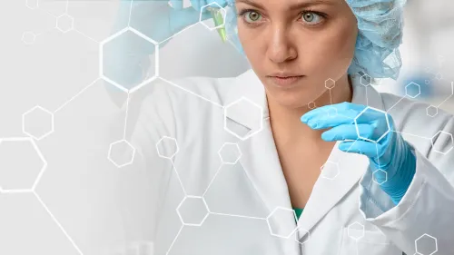 Seamless integration of wet-lab validation and computational modeling accelerates candidate refinement. A female scientist wearing a blue hairnet, face mask, and gloves intently holds a microcentrifuge tube containing green liquid in a laboratory setting. A semi-transparent white geometric molecular structure overlay covers the left and right sides of the image, symbolizing the intersection of physical laboratory work and digital molecular data.
