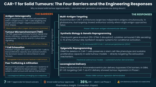 An infographic titled "CAR-T for Solid Tumours: The Four Barriers and the Engineering Responses" by Pharmatica. It maps four primary barriers in solid tumors (Antigen Heterogeneity, Tumour Microenvironment, T Cell Exhaustion, and Poor Trafficking) directly to four engineering solutions (Multi-Antigen Targeting, Synthetic Biology, Epigenetic Reprogramming, and Locoregional Delivery), supported by key data points at the bottom.