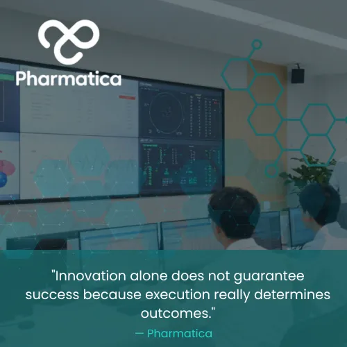 A graphic banner for "Pharmatica" displaying a dual-themed medical and technology concept. Left: A close-up profile photo of a male researcher in a white lab coat looking into a microscope. Center & Right: A dark teal overlay featuring an illuminated, green interconnected digital network grid and a faint cellular or molecular cluster illustration at the bottom center. The white "Pharmatica" infinity-loop logo and company name is on the bottom right.
