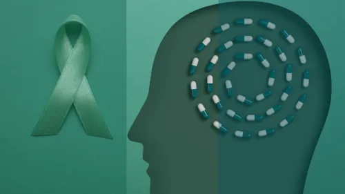Graphic on a bright green background featuring a dark green silhouette of a human head in profile, inside of which dozens of green-and-white medicine capsules are arranged in a neat spiral pattern. To the left of the head sits a looped light-green satin awareness ribbon.