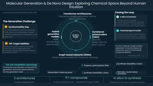 An infographic titled "Molecular Generation & De Novo Design" by Pharmatica.