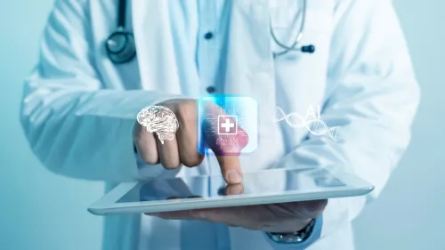 A close-up of a scientist, doctor, or other medical professional in a white lab coat using a digital tablet. Holographic icons float above the screen, including a brain silhouette, a glowing blue microchip displaying a medical cross, and a DNA strand next to the text "AI", representing areas pharma R&D tech investment committees might prioritise funding in.