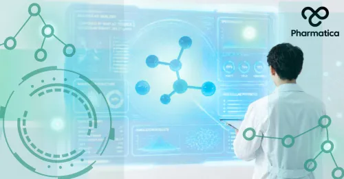 A bright graphic featuring a scientist in a white lab coat seen from behind, looking at a large glowing blue digital screen displaying a "MOLECULAR ANALYSIS" interface. The screen shows a 3D model of a chemical molecule alongside charts, simulation results, and data metrics. Decorative green digital UI circles and node network lines are superimposed on the left and right foreground, with the Pharmatica logo placed in the top right corner.